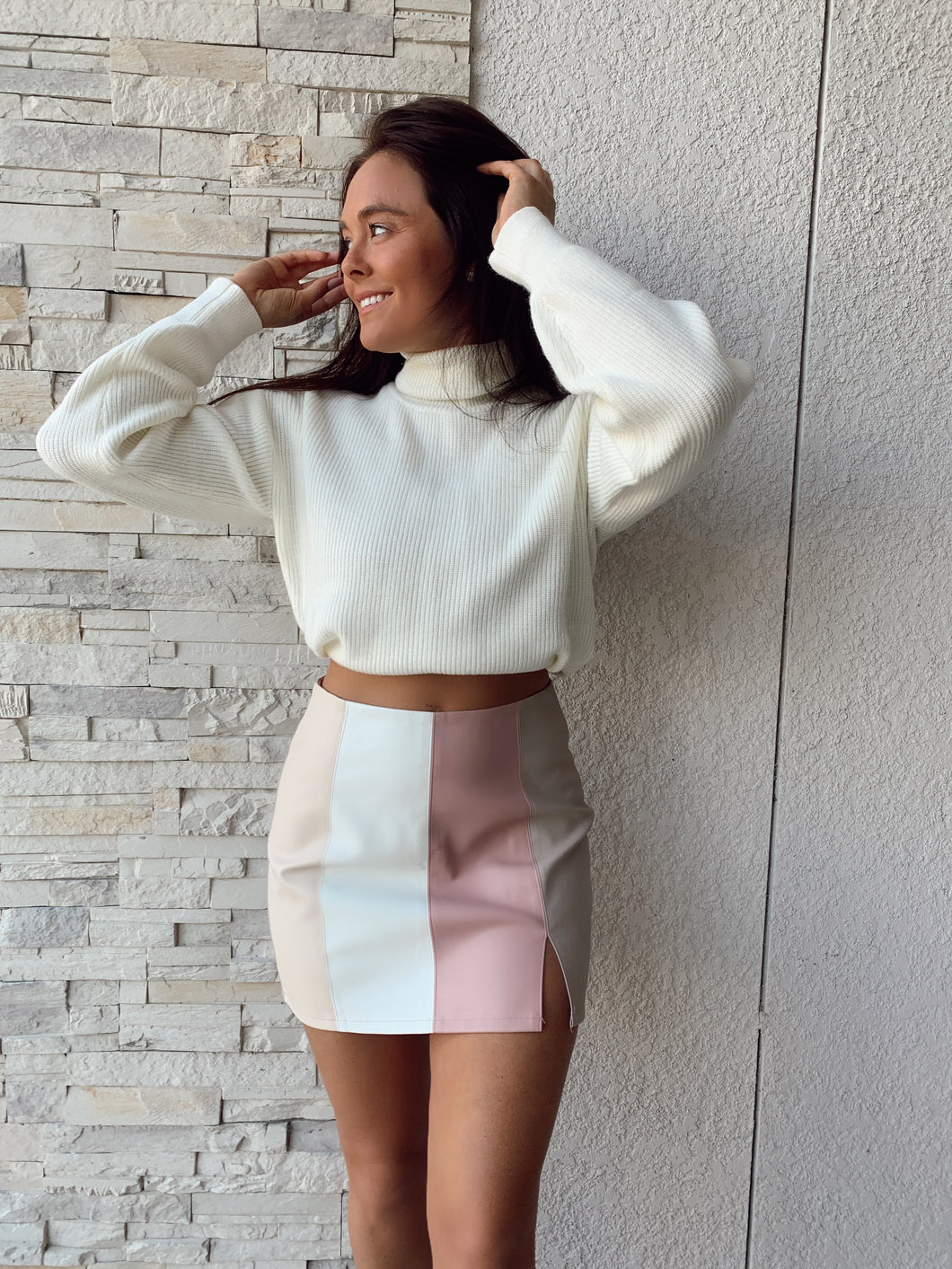 Color Block Leather Skirt